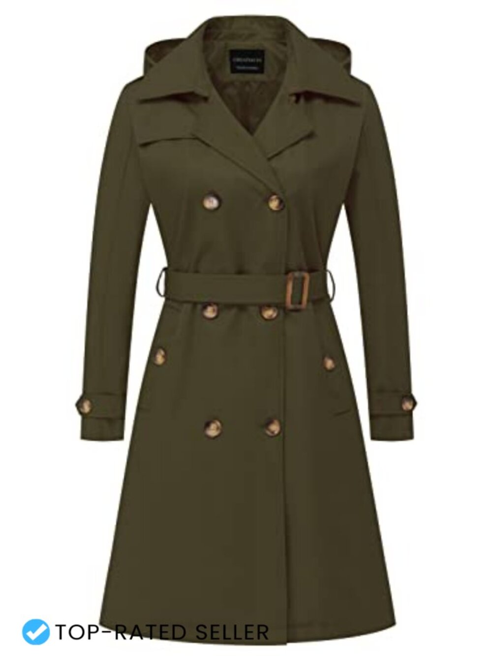 Women's Long Trench Coat Double-Breasted Belted Slim Knee Length Detachable Hood